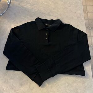 Zara Black Button-Up Polo Knit Top